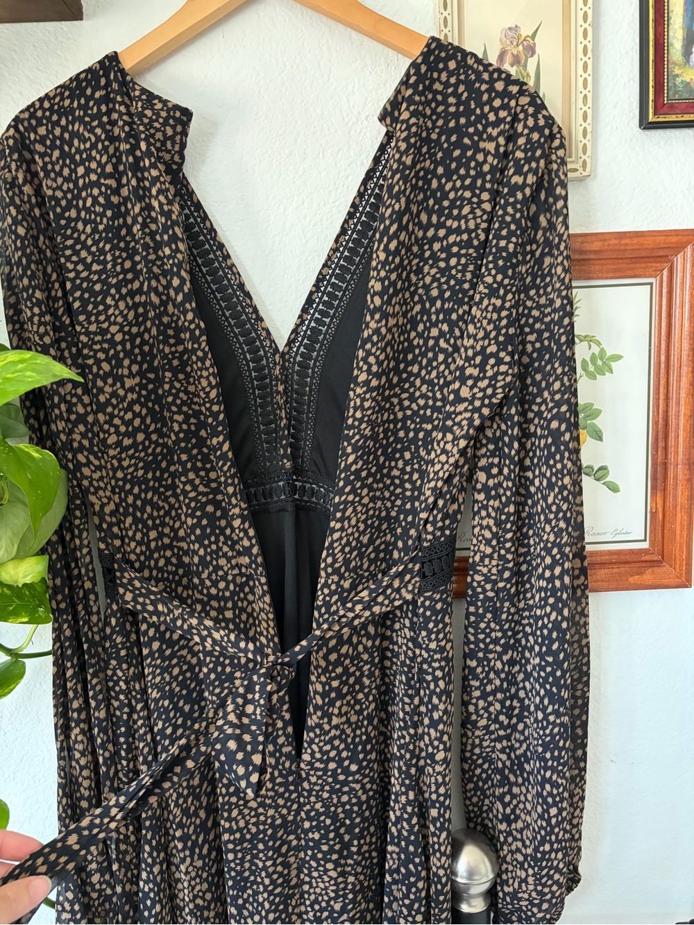 Vintage Glam Boho Animal Cha Cha Print Maxi Dress Long Sleeve V Neck Brown - XL - Picture 5 of 11